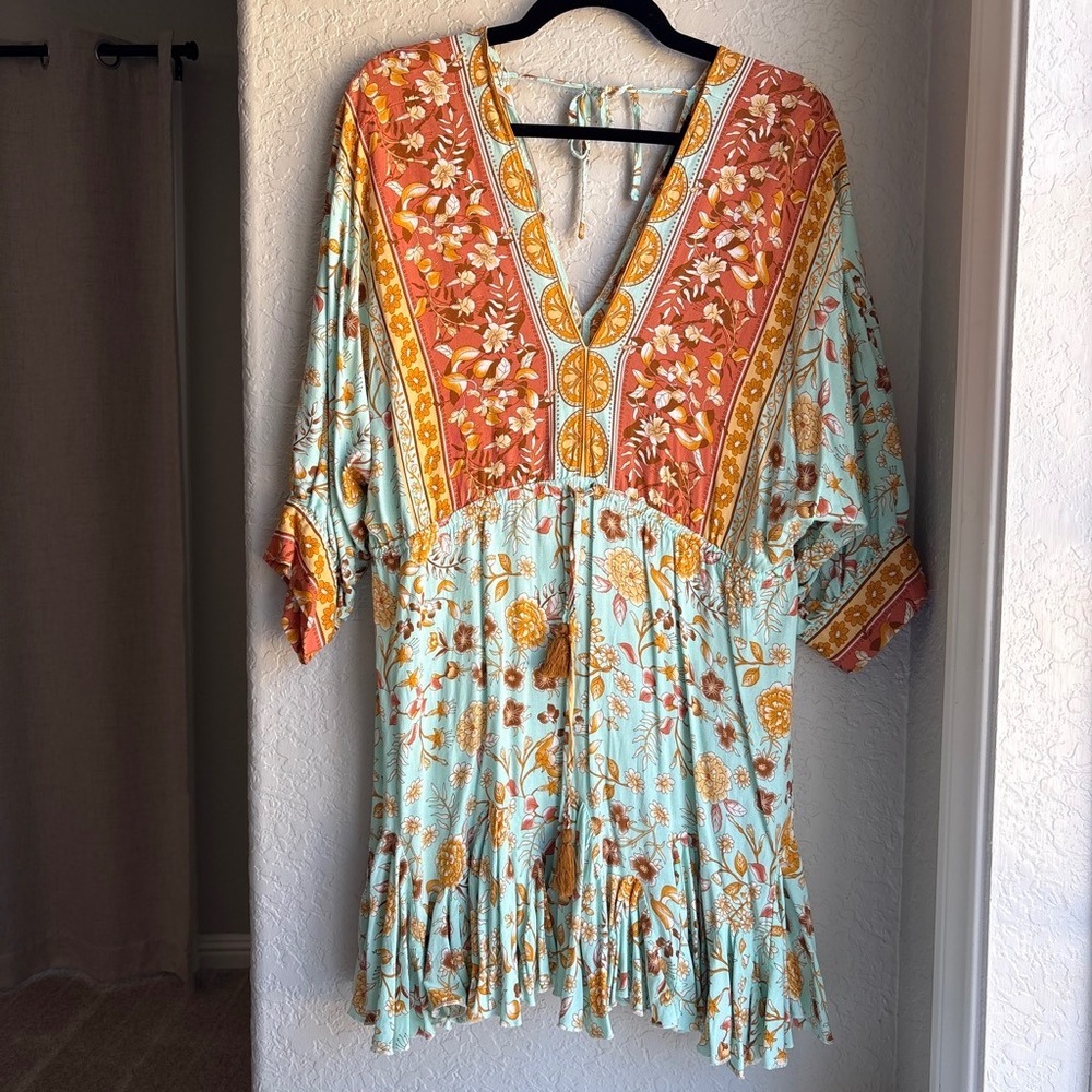 Women S Mini Dress 3/4 Sleeve‎ Boho Floral Teal Orange V-Neck Tassel Rayon